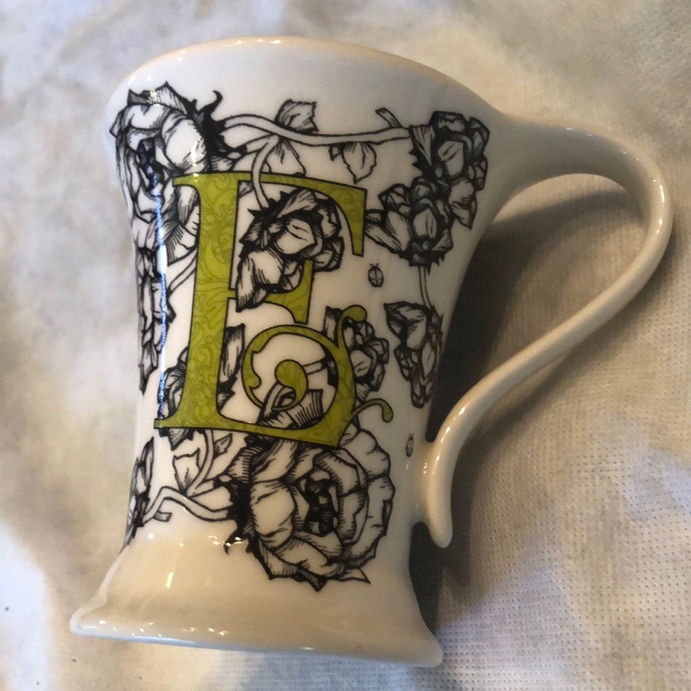 Cypress Floral on bone white with elegant E monogram, green inside mug